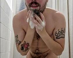 young hairy guy getting wet and wild under the shower with raw action