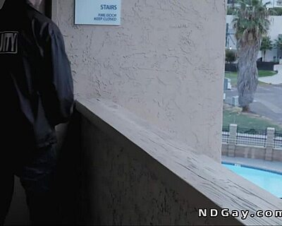 Security guard bends blond guy over for rough anal after hours